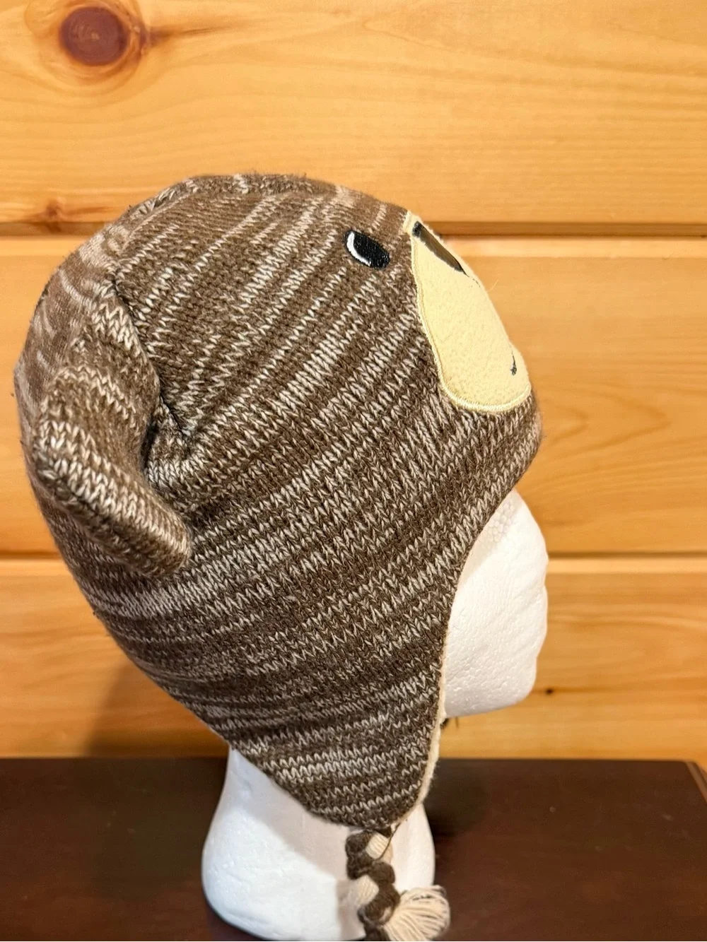 Toddler Brown Bear Knit Earflap Hat with Fleece Lining
